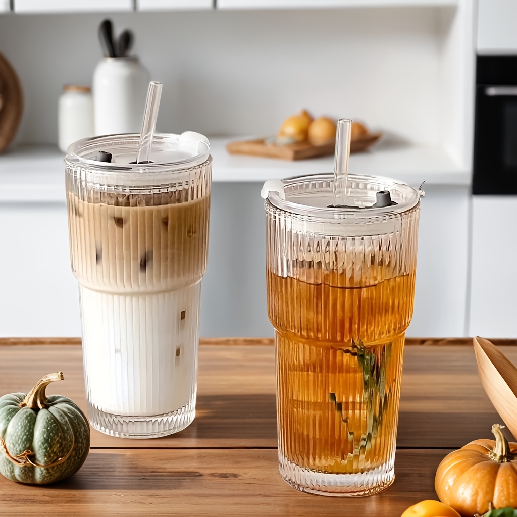 

2-pack Clear Glass With And Straws, 20oz Reusable Vertical Coffee Cups For Iced Water, Coffee, - Machine Washable, No Pattern, Use For Home, Parties, Cafes, Restaurants