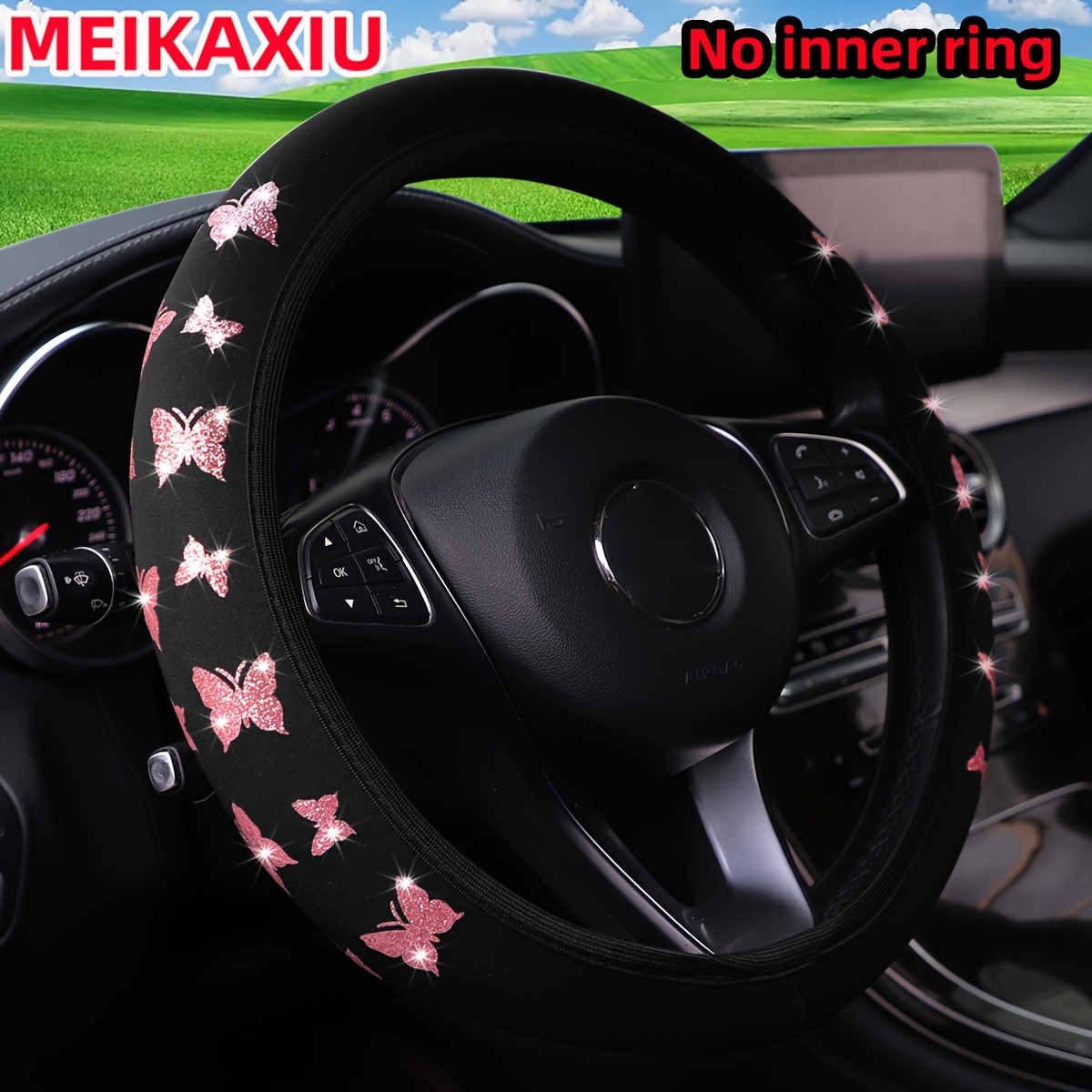 TEMU 1pc Glitter Bling Bling Fabric Steering Wheel Cover For -15 Inch Wheels - No , Durable & Interior Accessory, Cute Steering Wheel Cover, Glossy Finish