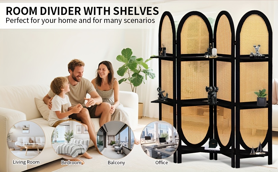 Four-Panel Wooden Room Divider, Collapsible with a Hand-Woven Rattan Privacy Screen - Room Partitions Featuring Three Display Shelves, Ideal for Home, Office, Study, Or Art Exhibitions