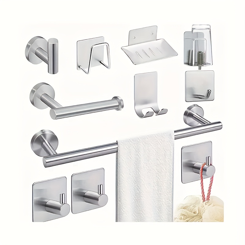TEMU Juego de Accesorios de Baño de Acero Inoxidable de 11 Piezas - Diseño Moderno en Negro y Plateado con Barra para Toallas, Portapapeles, Jabonera