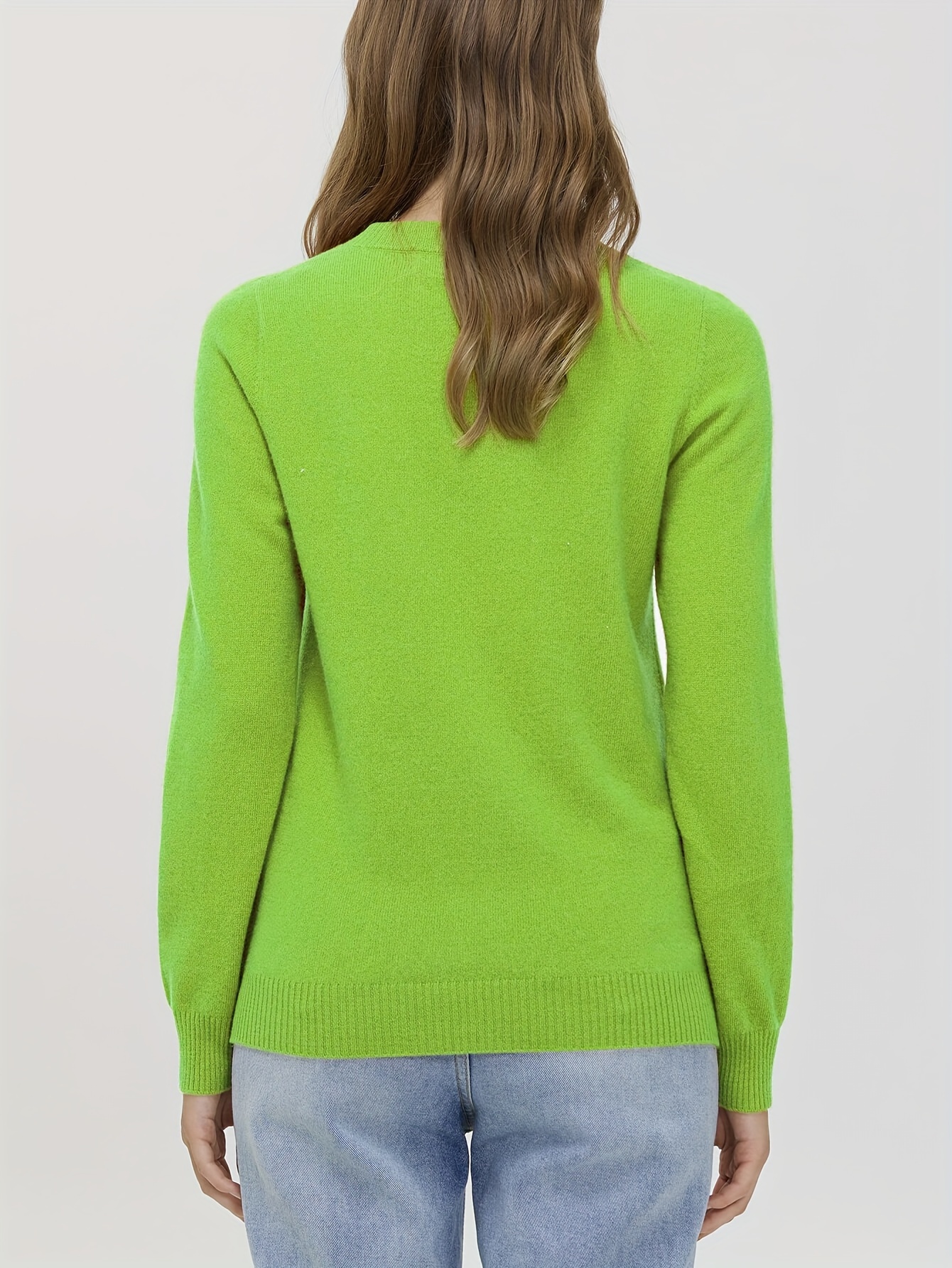 solid crew neck wool pullover sweater elegant long sleeve cozy sweater womens clothing grass green 1