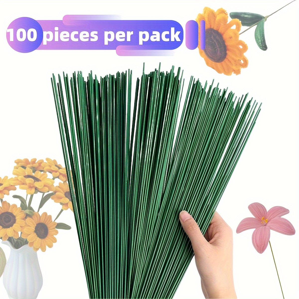 

100 Pcs Coated Green Floral Stems For Diy Flower Arrangements, Bouquets, And Crafts - Suitable For Easter Handwork Simulation And Waterproof