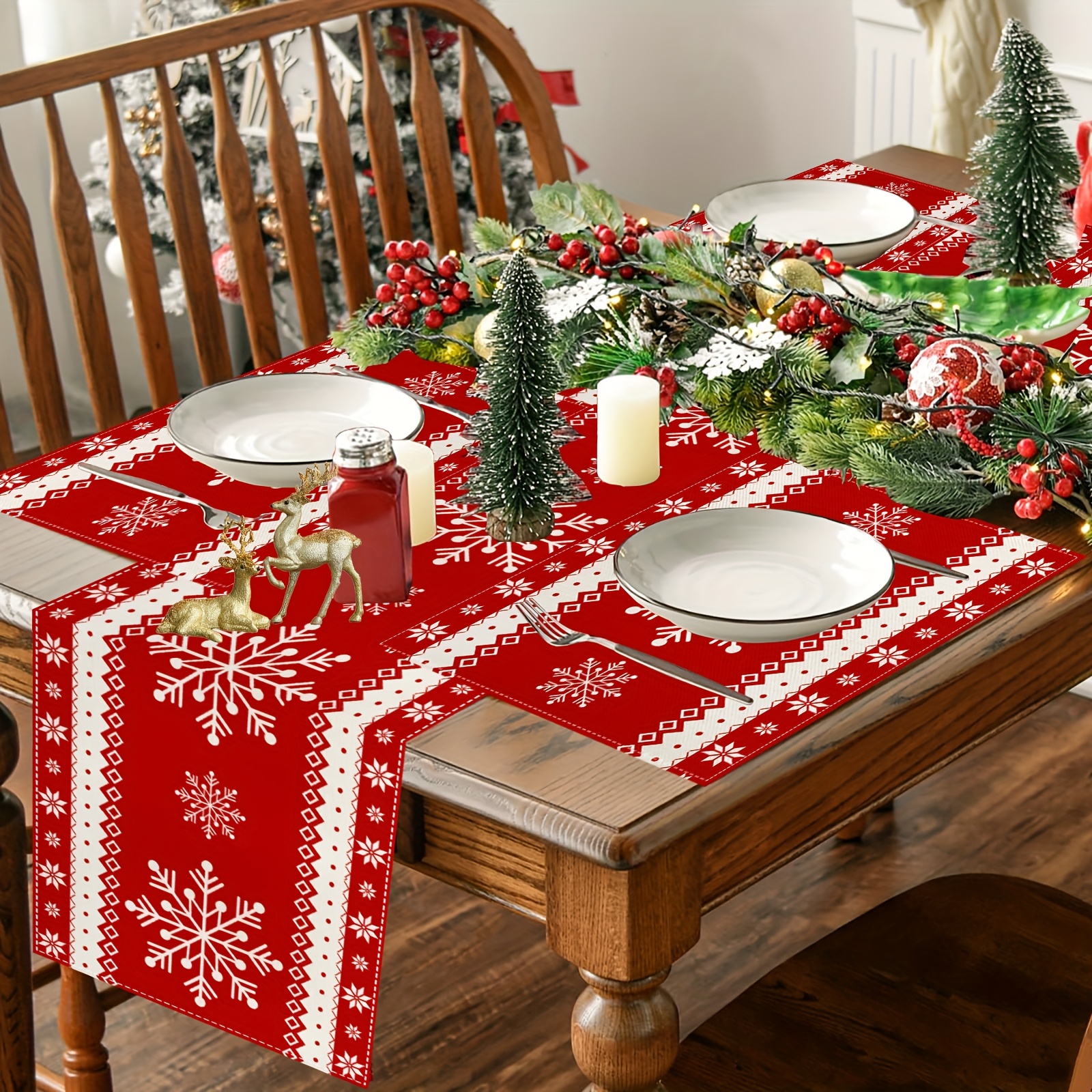 5 7pcs christmas table runner set snowflake placemats red