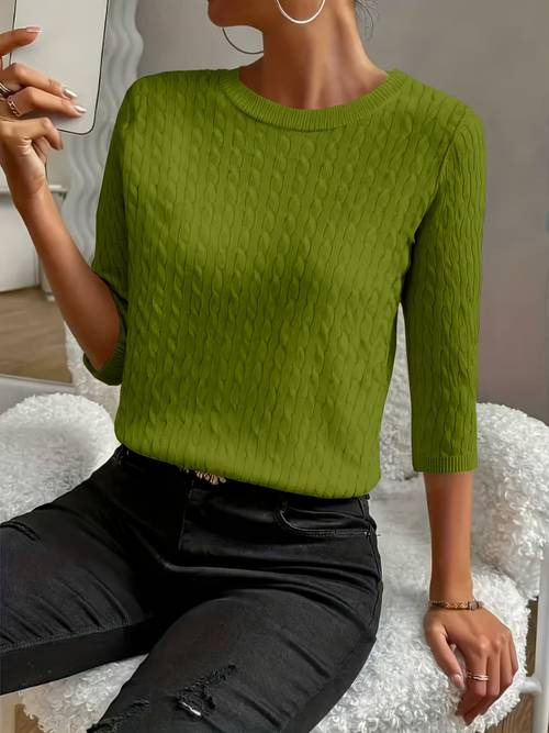 simple round neck versatile comfortable ribbed three quarter sleeve pullover sweater