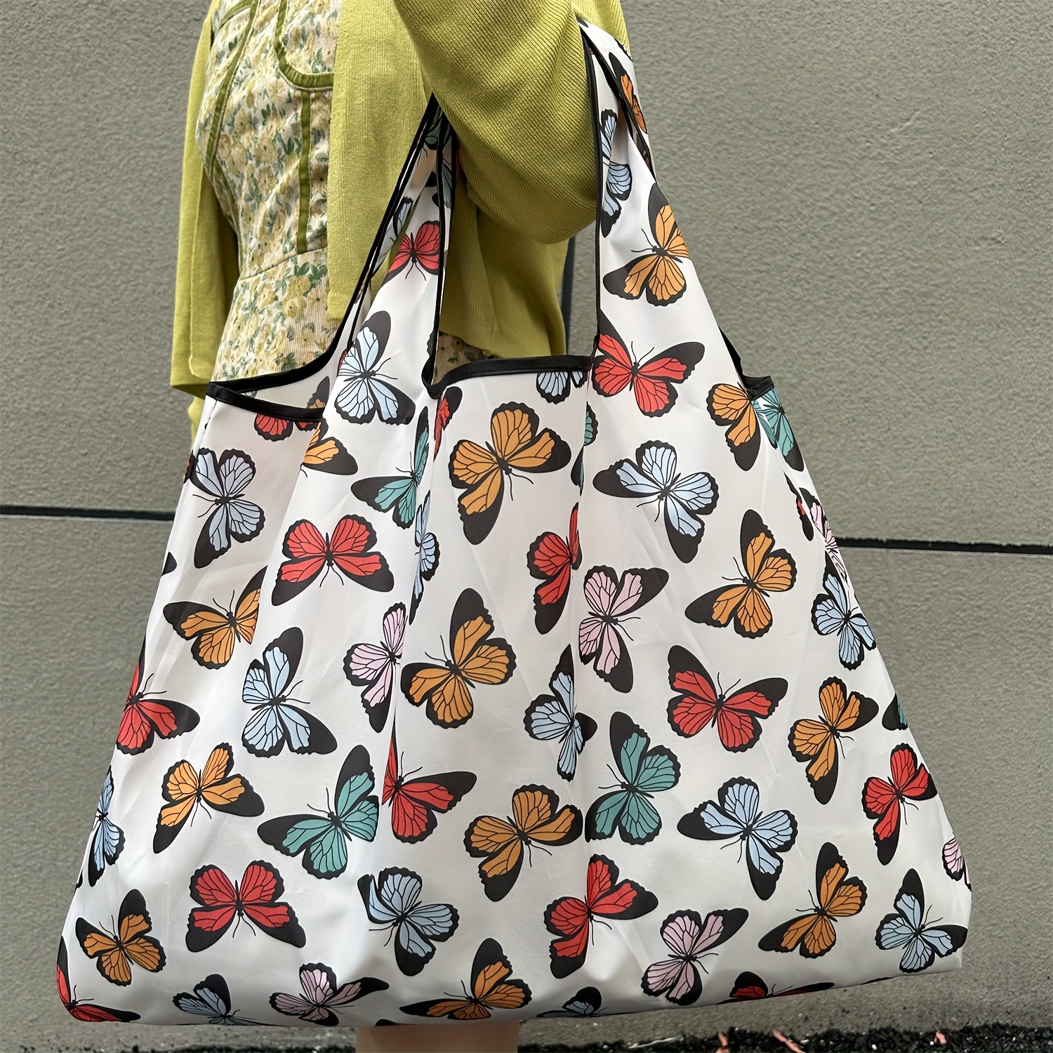Image of Colorful Butterflies Print Large Capacity Portable Shopping Bag, Reusable Lightweight Soft Tote Bag, Foldable Portable Shoulder Handbag, Casual Daypack For Going Out