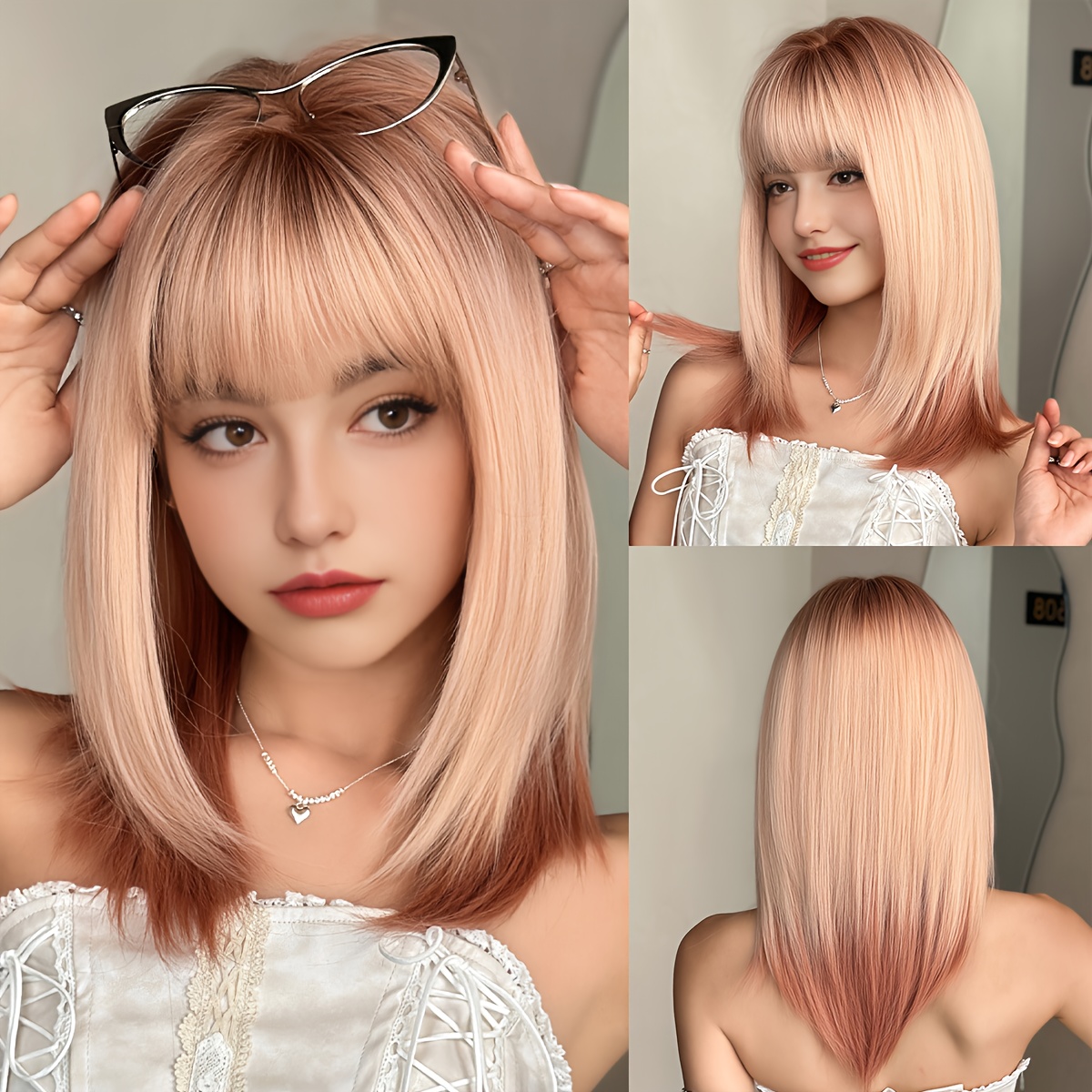 E-shop NAMM Schulterlange Rosa-braune Perücke für Damen, Weihnachtskostüm, Cosplay, hochdichte synthetische Perücke mit dunklen Ansätzen, geschichtetes