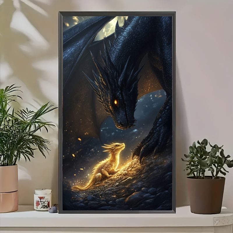 1pc Adult Diamond Painting 40*70cm/15.75*27.5 Inches, Black Dragon And , 5d Round Diamond Painting Kit, Mosaic Art Craft For Room Office Decoration, Holiday Gift [unframed]