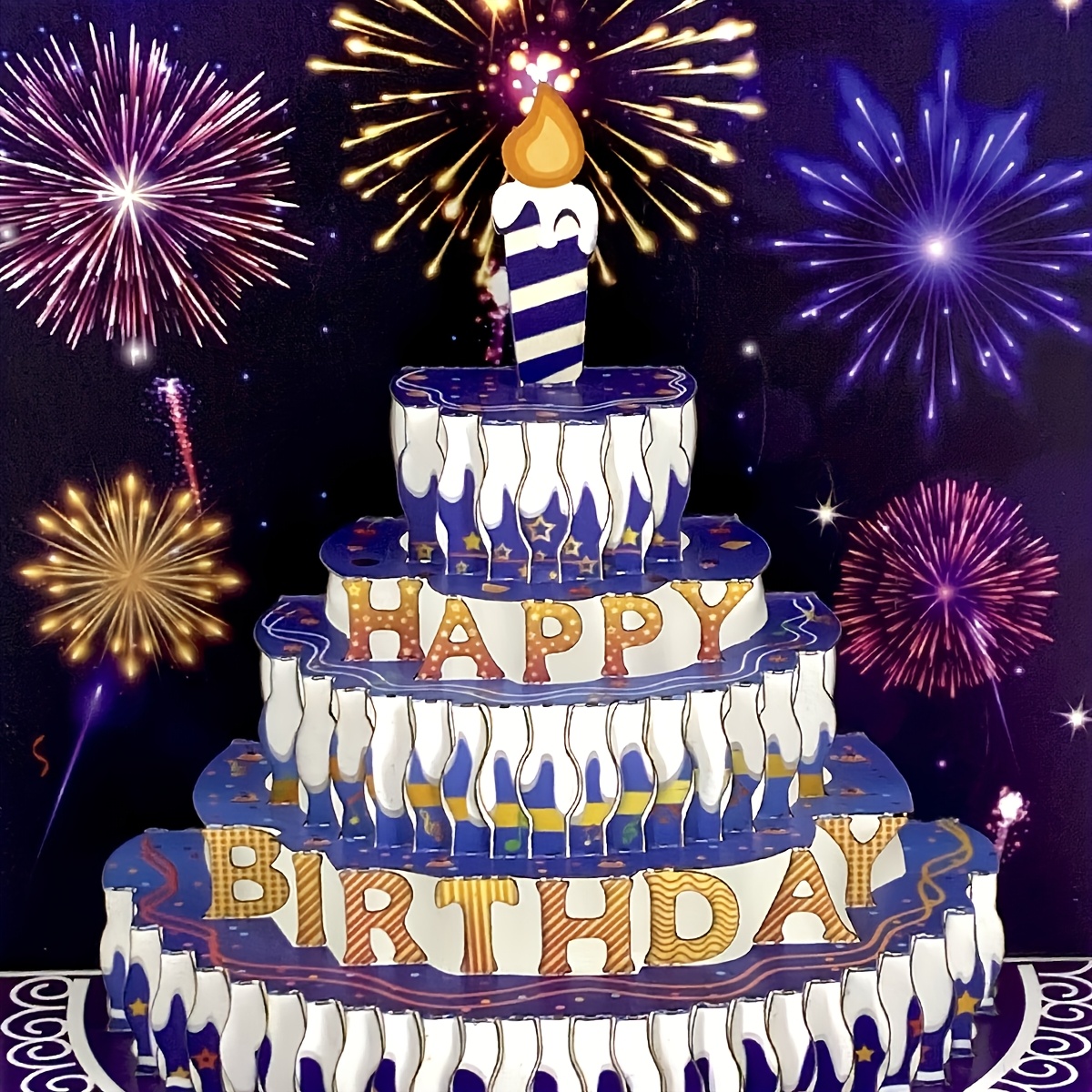 Image of 3d Pop-up Happy Birthday Card – Featuring A Birthday Cake, Birthday Candles, And Fireworks Pattern, – Happy Birthday Card For Him/her – A Keepsake For All Ages, Suitable For Special Occasions