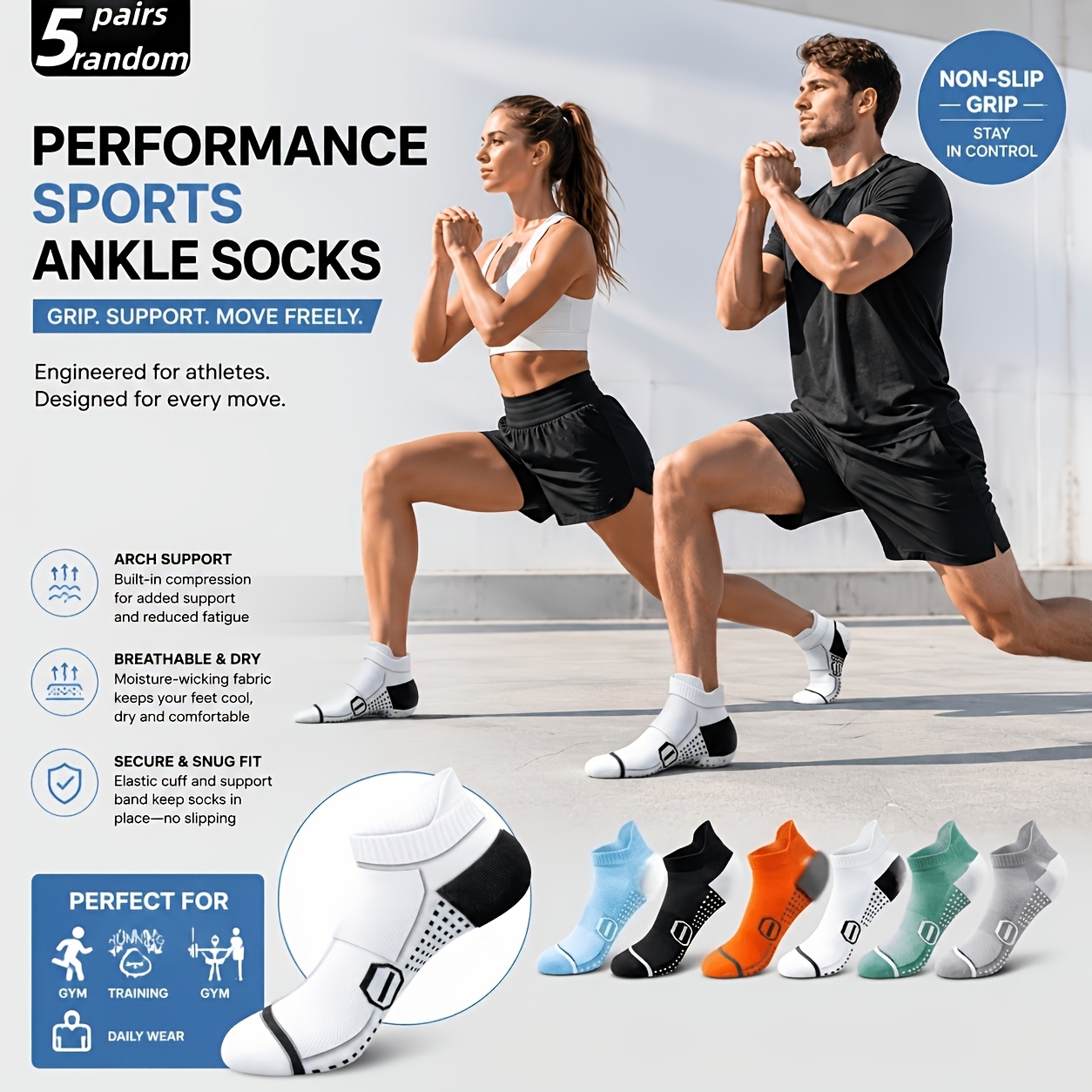 TEMU Random 5 Pairs Men Women Anti-slip Compression Socks Compression Support Breathable Quick-dry Sweat-absorbing Deodorizing Arch Support Heel