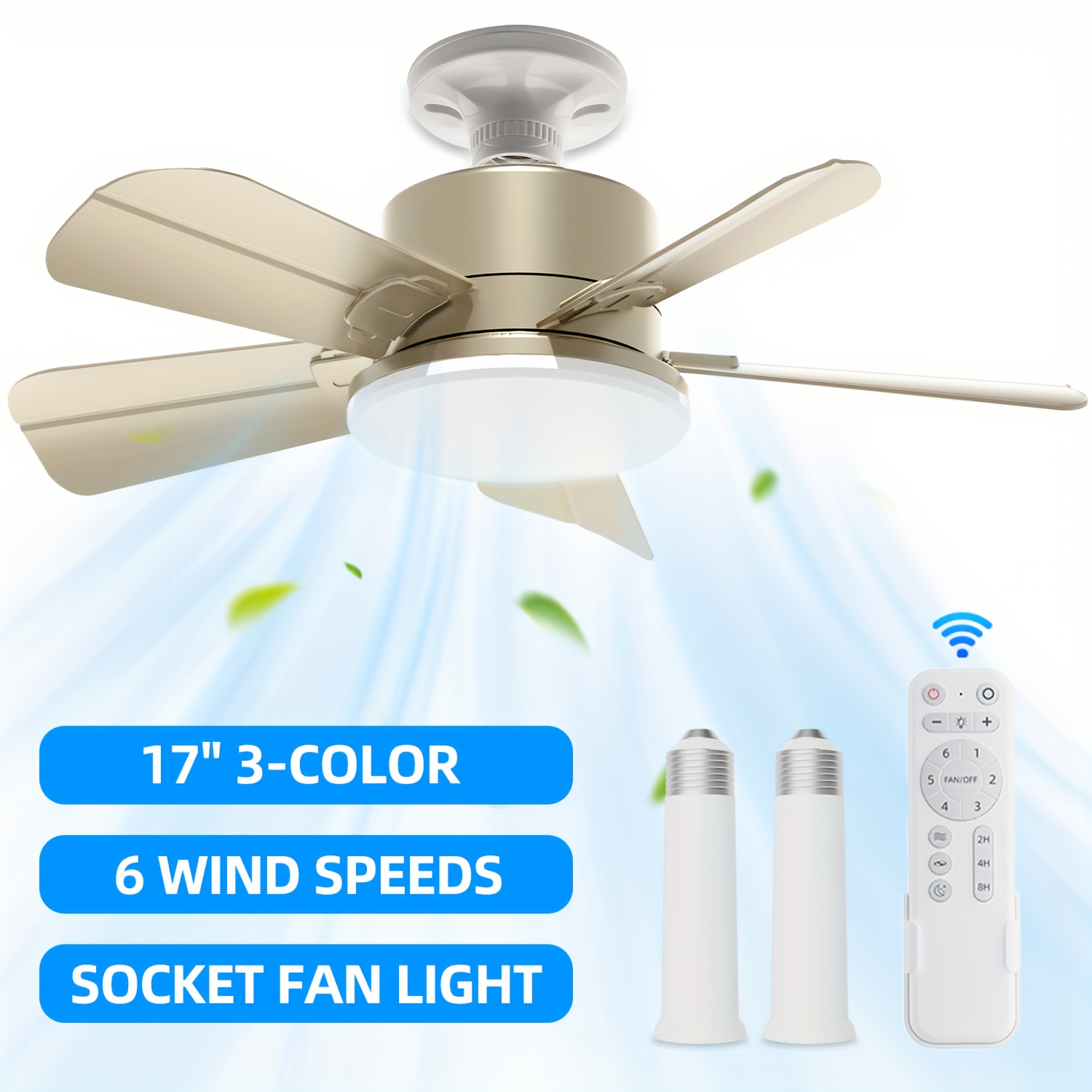 

Socket Fan Light With Remote, 3-colors Dimmable Light Socket Ceiling Fan, Up To 1200lm/6500k, 6-speeds Fan Light Bulb, Mute Button, Reverse, Timing Function, For Kitchen, Garage, Gold