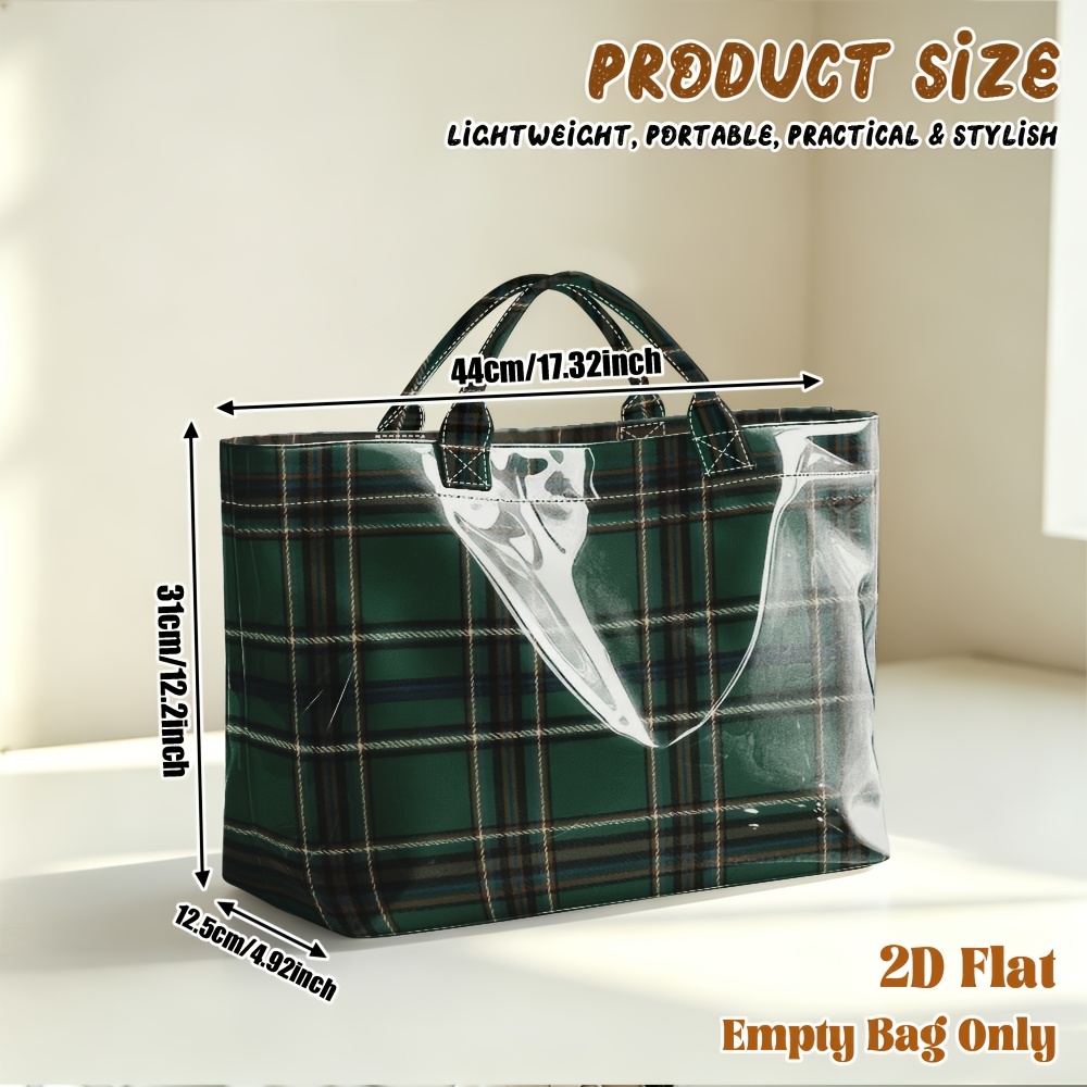 TEMU 1pc 2d Flat Printing Green Tartan Plaid Pattern Large Capacity Travel Tote Bag, Casual Shopping Bag,commuting Bag,beach Bag,yoga Bag,fitness Bag