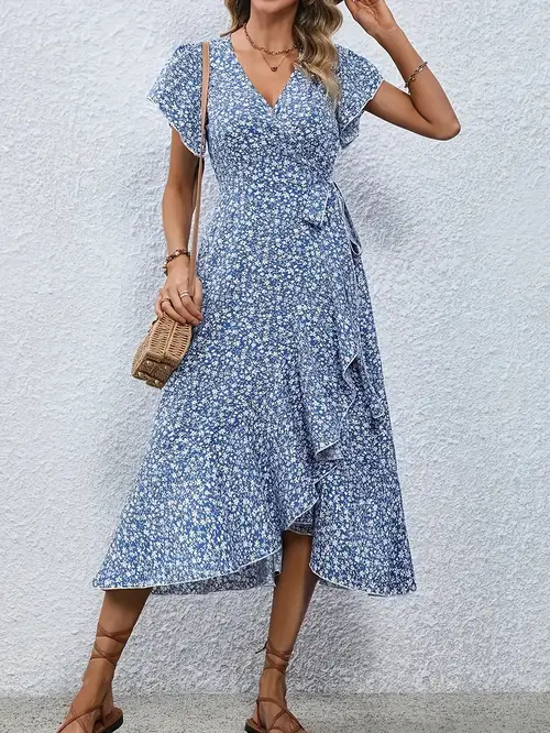 bohemian style womens dresses v neck small floral cardigan straps fashion short sleeved irregular ruffles large swing length dresses