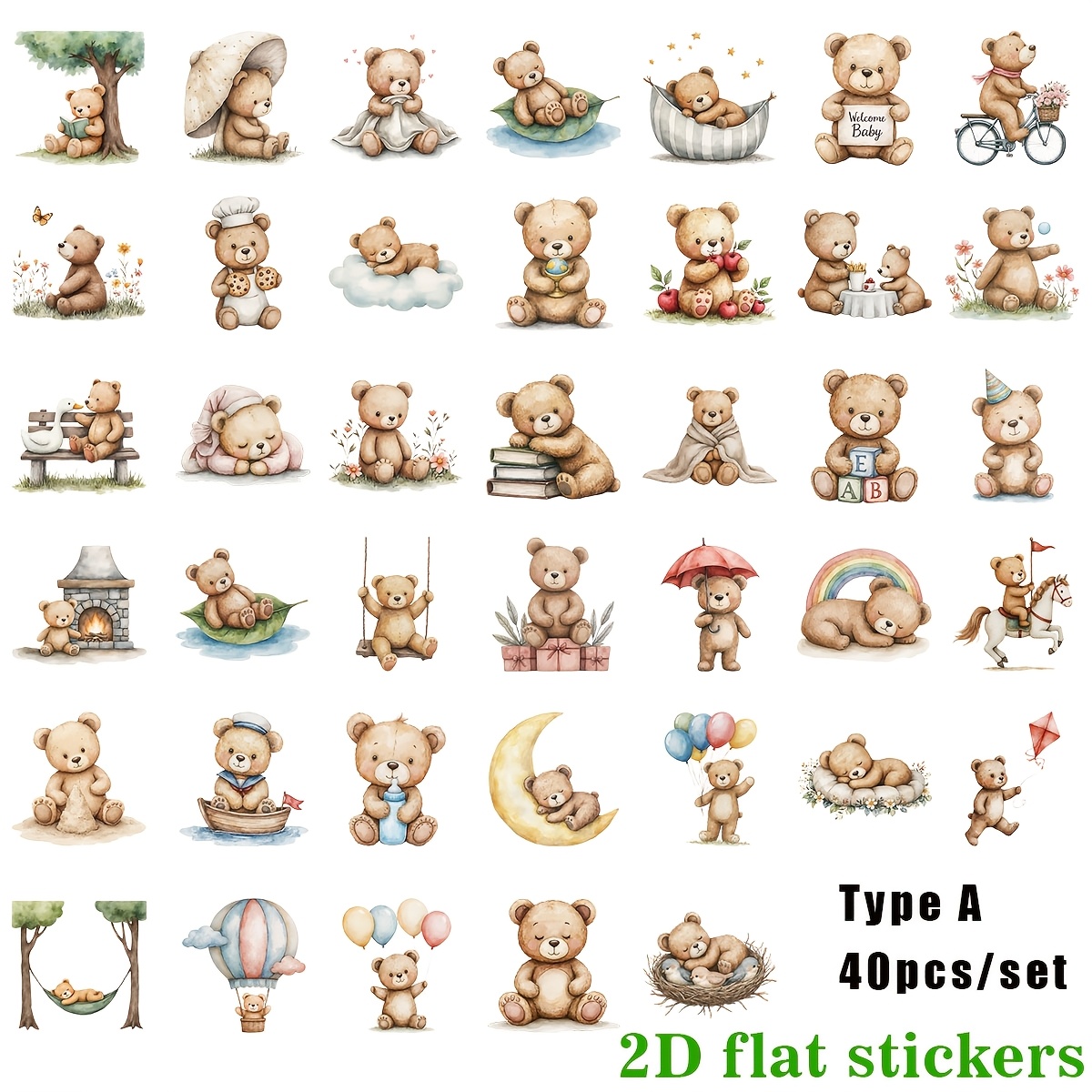 A Set Of 40 Handmade Creative Vintage Cute Bear Sleeping Stickers, Suitable For Decorating Junk Journals, Notebooks, Scrapbooks, And Planners