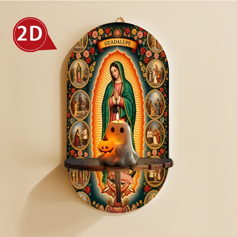 TEMU 2d Flat Wooden Wall Rack, Of Guadalupe Art Crystal Display Shelf With Floral Border, Religious Vintage Design Ideal For Home Altar, Church Gift,
