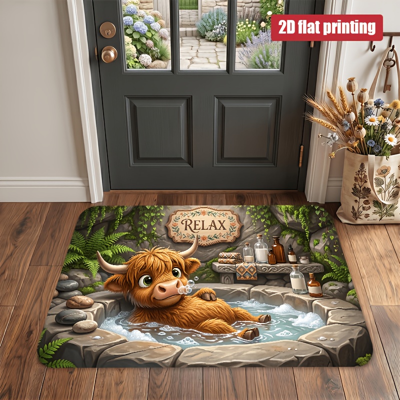 TEMU 1pc 2d Flat Non-slip Indoor Outdoor Entrance Door Mat, Machine Washable Welcome Carpet Foot Mat, Highland Cow Pattern Flannel Material Thick