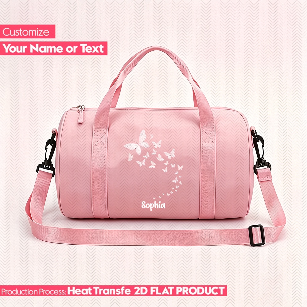 TEMU Custom Personalized Name Hot Pink Nylon Dance Bag, White Print Preppy Style Gymnastics Duffel Bag With Adjustable Strap, Lightweight Durable For