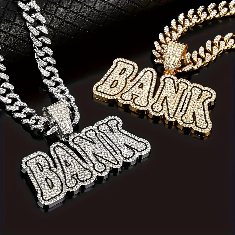 

An 18k Golden-plated Hip Hop Full Diamond English Bank Pendant Cuban Necklace, Fashion Personality With Shining, Suitable For Party Travel, Give Gift Box