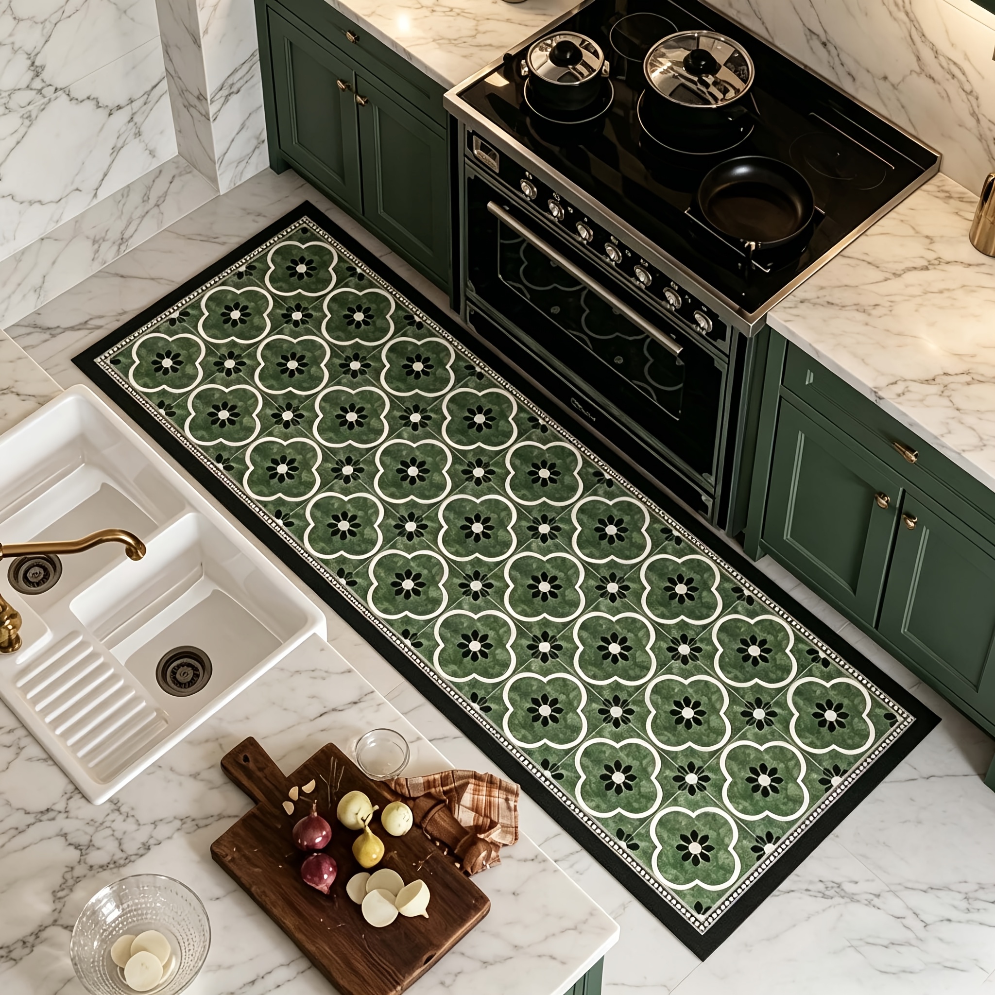 TEMU Vintage Green Floral Tile Diatomite Kitchen Runner Mat, Absorbent Non-slip Foot Mat, And Easy To Care For, Household Entryway And Kitchen Mat,