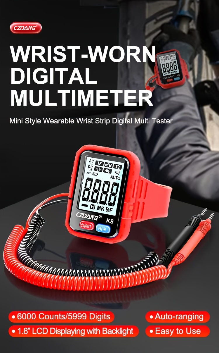 1 unidad CZDANG Multímetro Digital Tester de Muñeca - Mini Multímetro Portátil Wearable para DCV/ACV, Resistencia y Continuidad con Pantalla LCD, Recargable via USB, Diseño Compacto para Electricistas, DIY, Trabajo de Campo, Herramienta Electricista, Herramienta Moderna, Electrónicos Durables