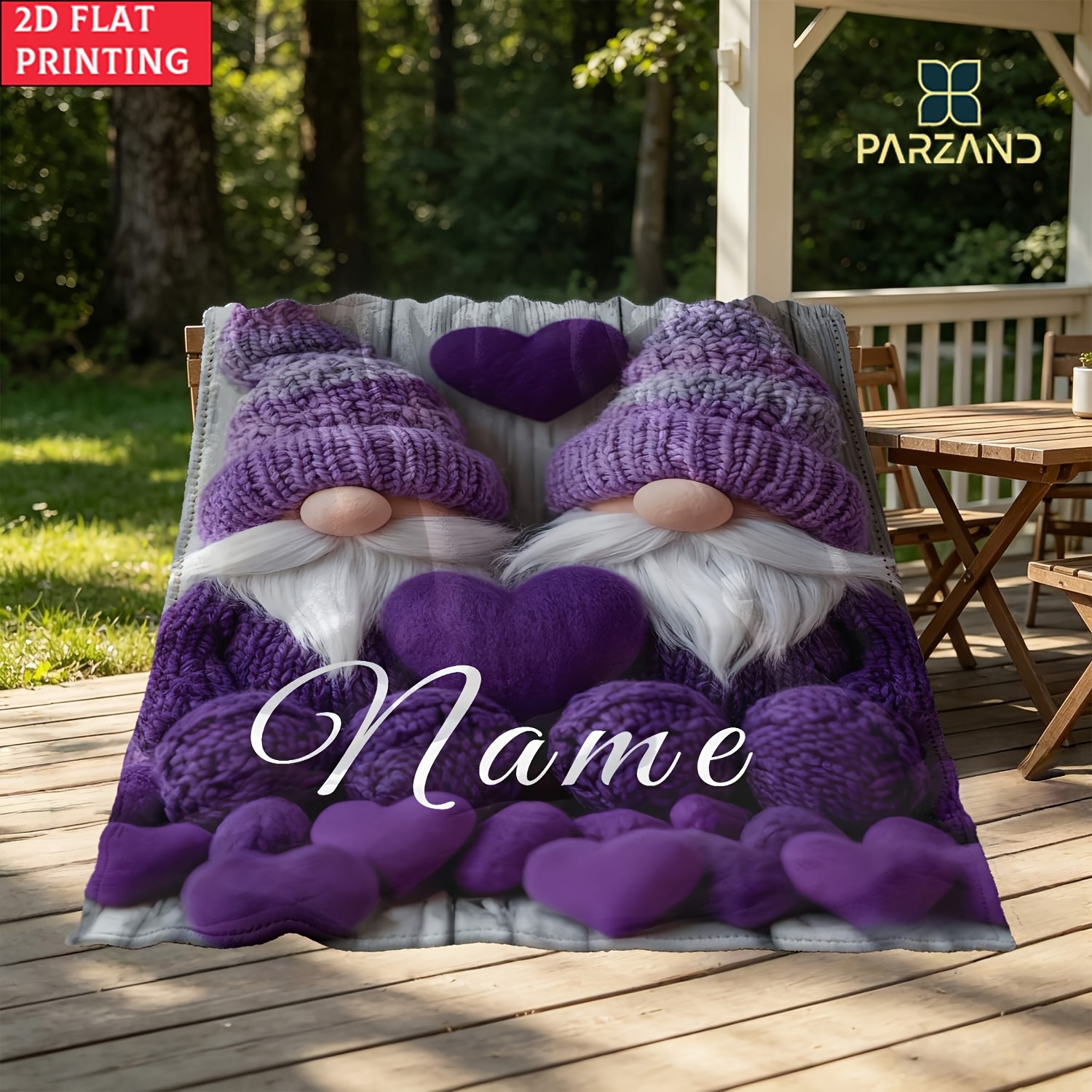 TEMU 1pc Custom Name Purple Gnomes, Hearts "love". Portable Blanket - Lightweight Throw For Sofa Bed Travel Camping, Living Room Office Couch Chair,