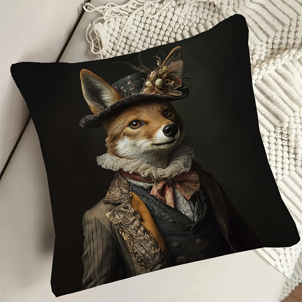 TEMU A Double-sided Short Plush Decorative Pillowcase - Victorian Fox Portrait Decorative Animal Throw Pillow Cover - Traditional Style, 45.72 Cm X