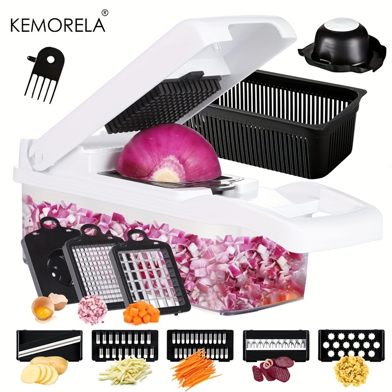 

Kemorela 15-in-1 Vegetable Chopper & Set - Multifunctional Kitchen Gadget Draining , 7 Blades For Mincing & Shredding - Plastic,