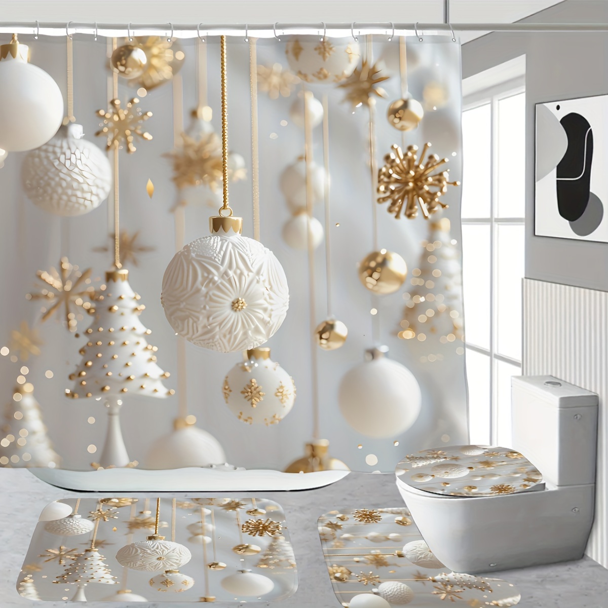 

Christmas Decorations: 1/4 Pcs Set - Printed Shower Curtain, , And Bath Mats - , Polyester Cloth, 180*180cm