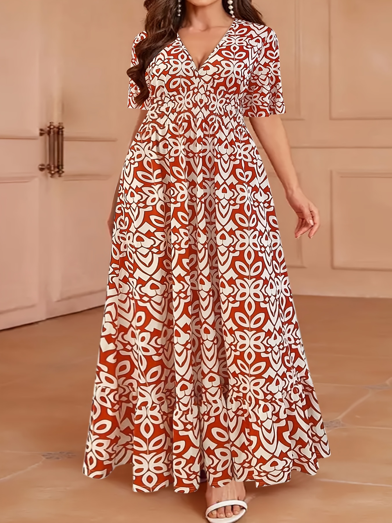 elegant v neck floral print maxi dress loose fit long sleeve