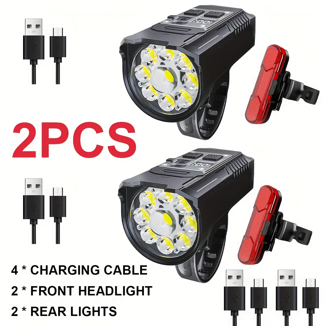 TEMU Set Of Bright Led Bicycle Lights, Featuring High- Headlights, Unique Led Beads, Type-c Fast Charging, Power Display, And 10+4 For Headlights And Taillights, Perfect For All Types Of Bicycles