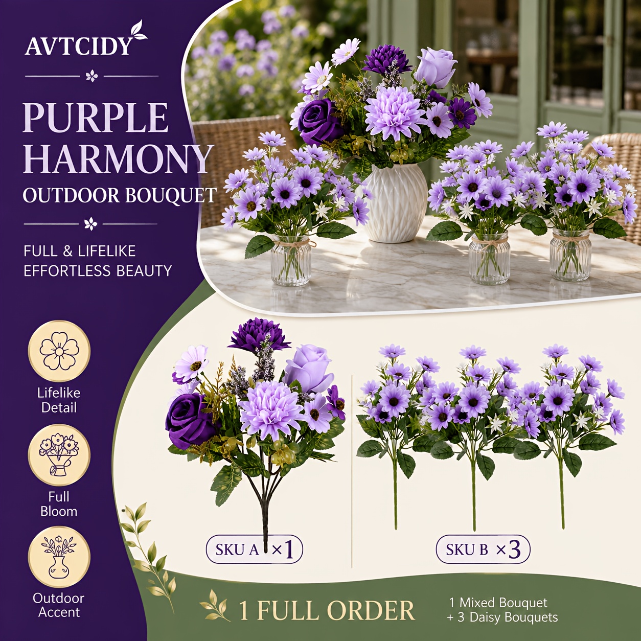 TEMU 4 Bunches Of Purple- Artificial Mixed Bouquets, Featuring Realistic Dark Purple Roses, Lavender-purple Roses, Purple Chrysanthemums, And Light