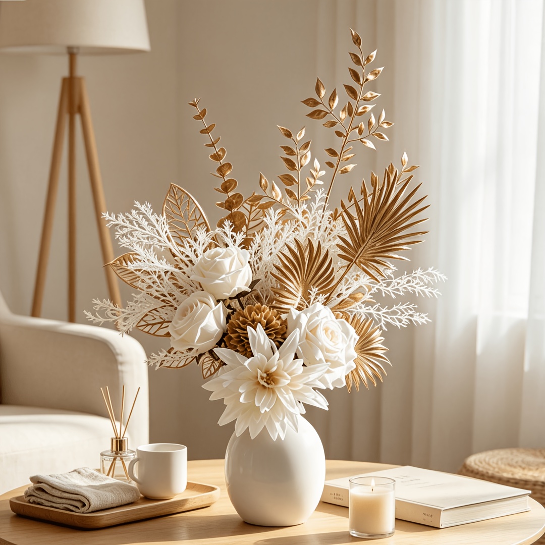 TEMU Creamy Golden Artificial Bouquet, Living Room And Entrance Tabletop Decoration, Luxury Nordic Style Dried Flower Texture Fake Flowers, Soft