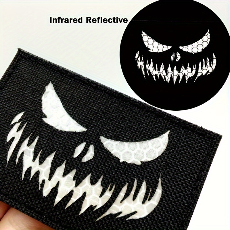 

1pc Menacing Design Infrared Reflective Patch, Nylon - Ideal For , Clothing, Backpacks, Hats, Vests - Black With White Reflective Detail