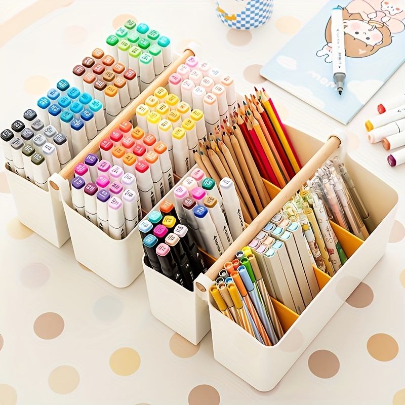 1pc Large Plastic Portable Caddy With Handle Storage Organizer Bin With Adjustable Dividers For Art Supplies Crafts Colored Pencils Makeup Desk