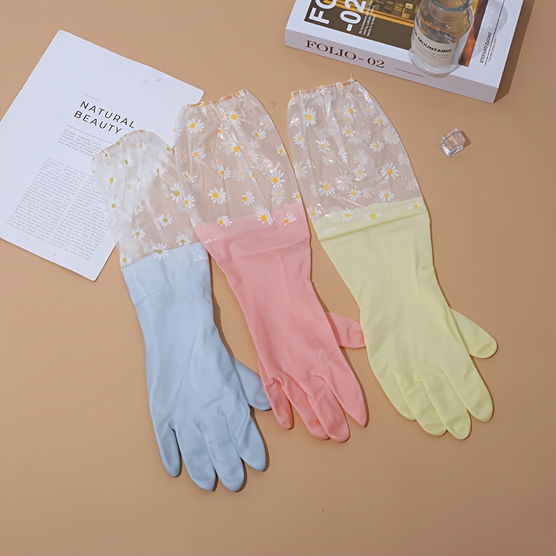 2pcs waterproof pvc cleaning gloves with daisy pattern, anti slip dishwashing gloves, suitable for kitchen, home, laundry, bathroom, toilet, living room and bedroom -  , multifunctional and practical details 8