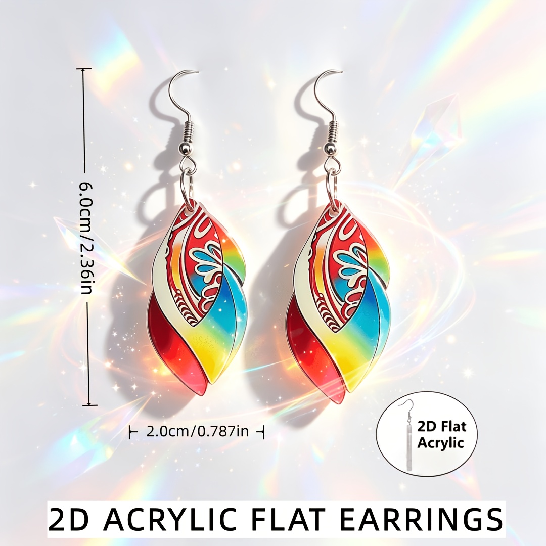 Bohemian Rainbow Printed Twisted Leaf Acrylic Dangle Earrings