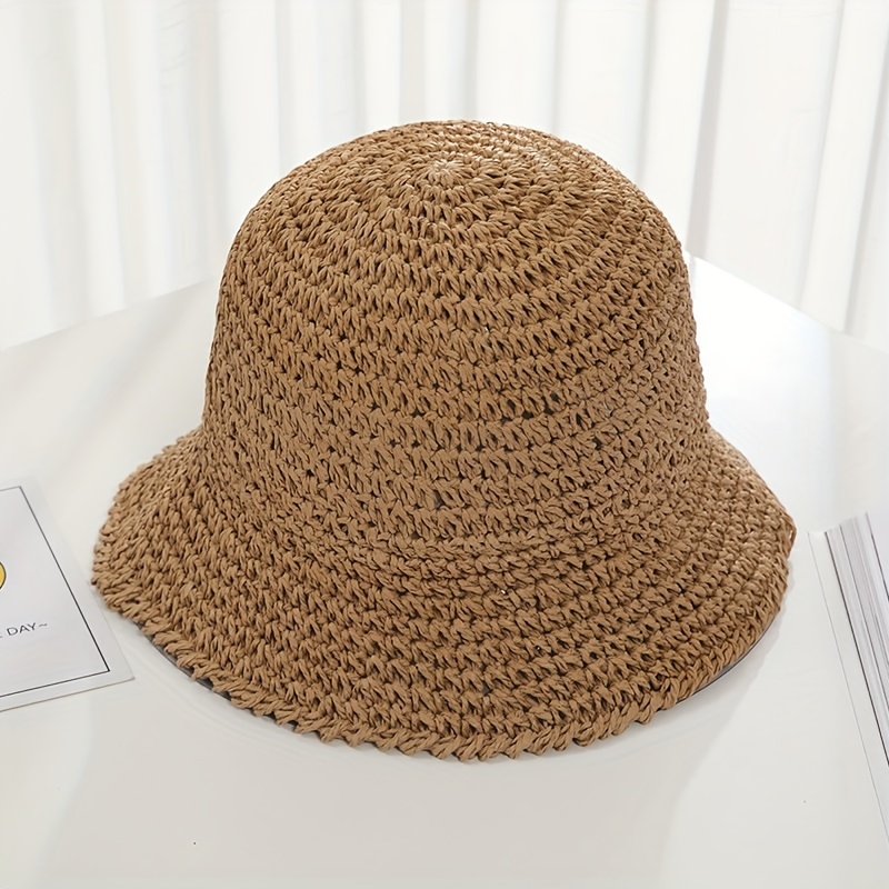 Image of Japanese Minimalist Straw Hat Girl Summer Sunscreen Shade Fisherman Hat Bucket Hat Foldable All-match Face-covering Straw Braid Bucket Hat