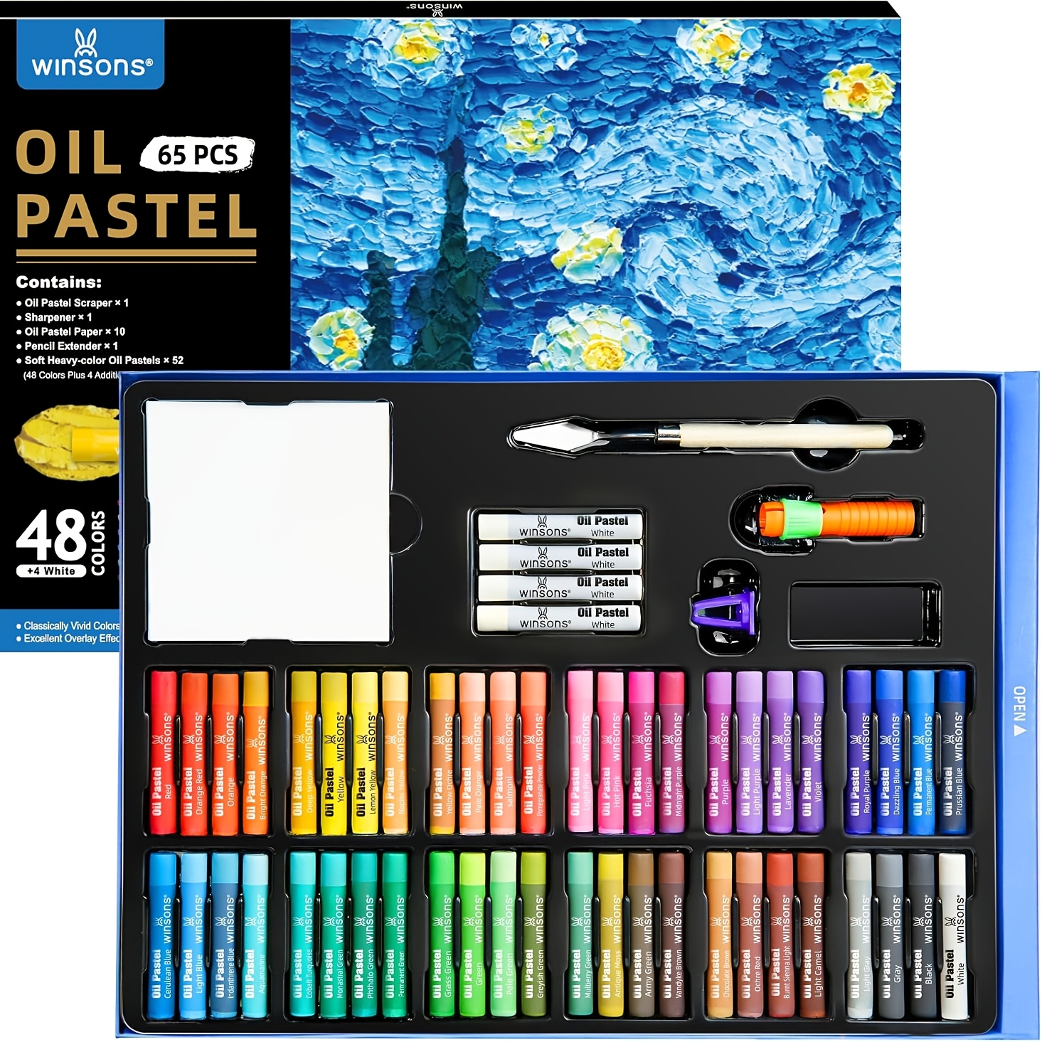 TEMU 65pcs Oil Crayon Set, 48 And White Crayons, Complete For Art Kit With Holder, Scraper, Sharpener, And Pastel Paper, Non-toxic, Smooth Blending