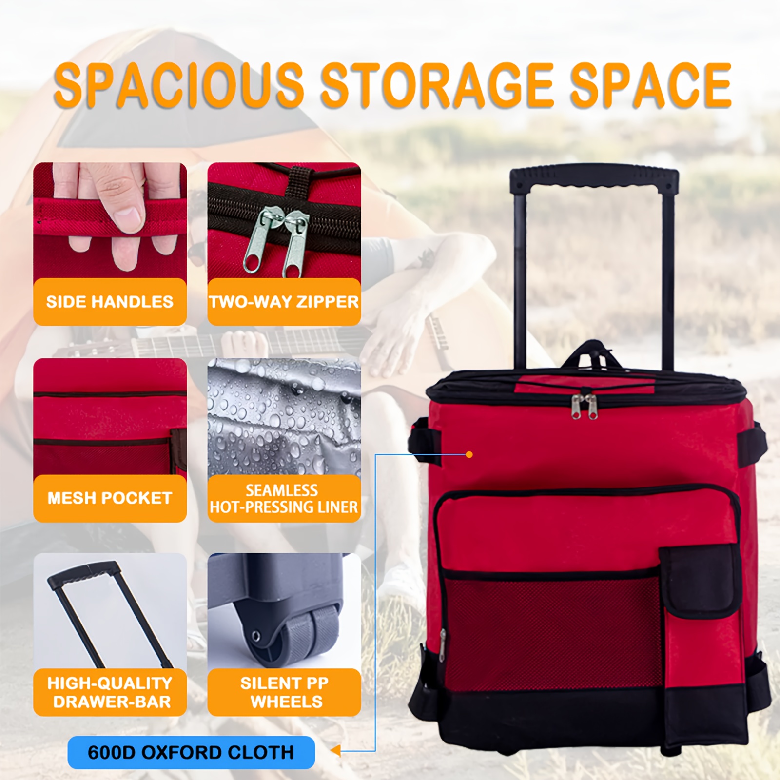 11.36gal Large Heavy-Duty Leakproof Insulated Cooler with All-Terrain Wheels - Extra Wide Opening, Side Pockets - Heavy-Duty Construction for Camping, Beach, Tailgating, Parties - Ideal Gift for Dad, Father's Day, Outdoor Adventures, Party Supplies, Sturdy Handle, Durable Build, Rolling Cart, Party Hosts