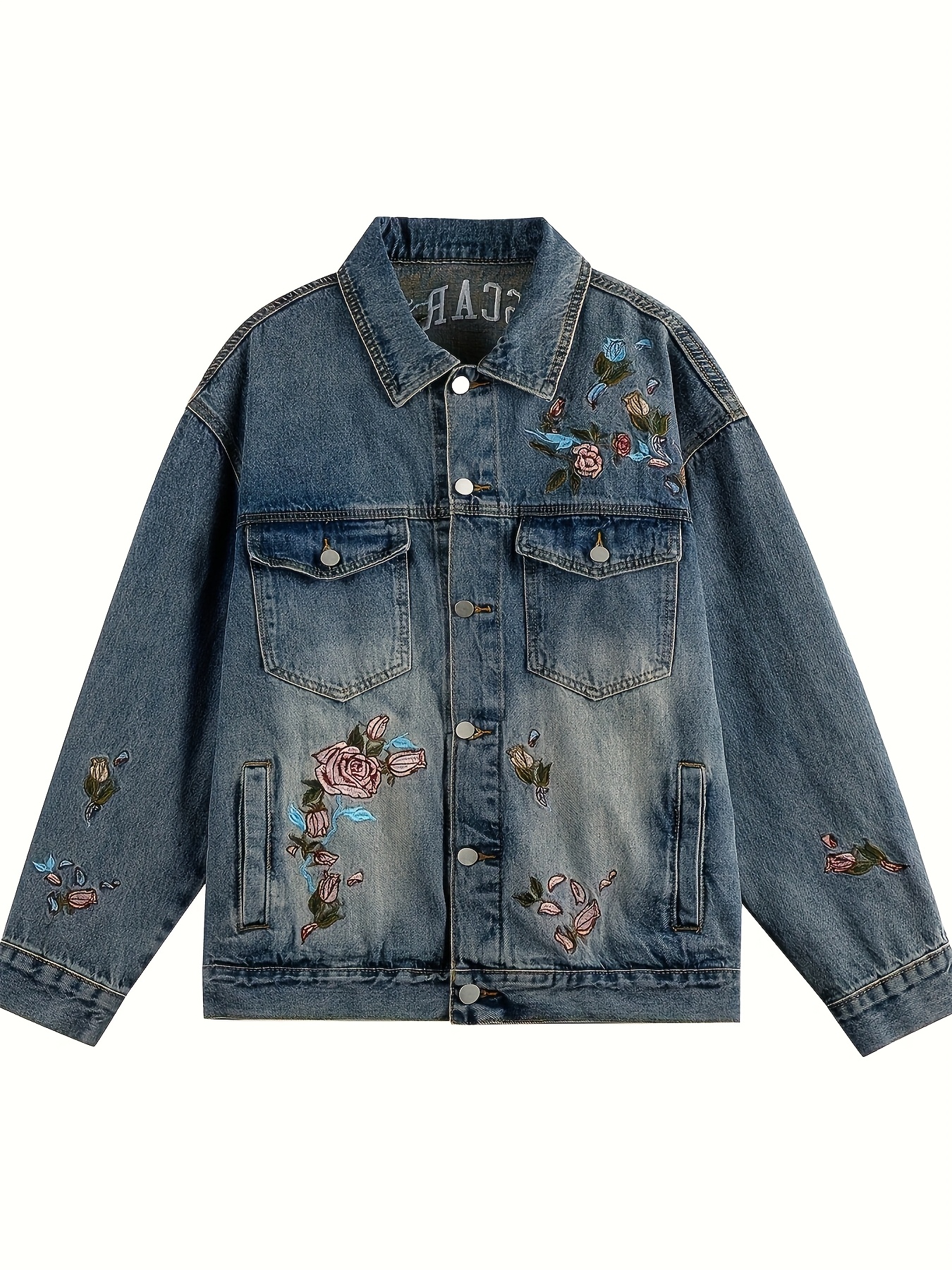 men s vintage embroidered denim jacket - retro floral & lettering design, regular fit with pockets,   spring/fall outerwear 0