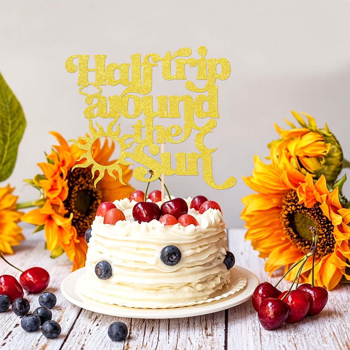 Golden Glitter Half Trip Around the Sun Cake Topper for Baby Showers