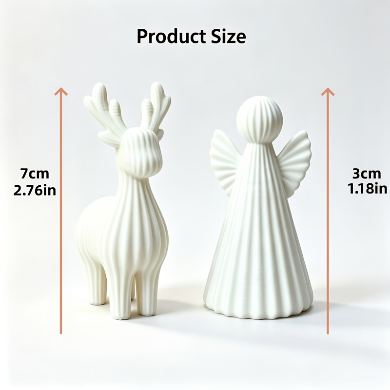 Image of 2pcs Christmas Figurine Set, Mini Textured Reindeer And White Pleated Statue Ornament, Farmhouse Style Holiday Tabletop Decor For Shelf Mantel, Desktop Decoration, Festive Gift