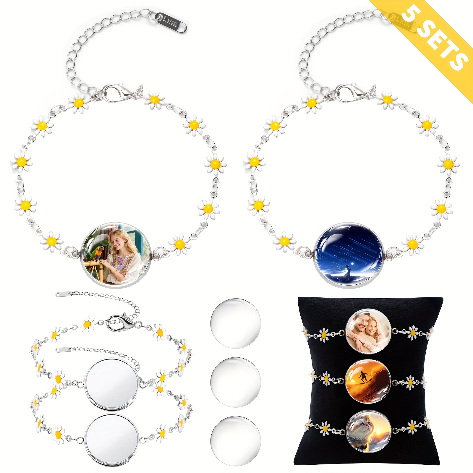 E-shop Fünf Sets Gänseblümchen Armband Randfassungen zum Schmuckbasteln, inklusive fünf 20mm Gänseblümchen Randarmbänder mit leeren Platten und fünf
