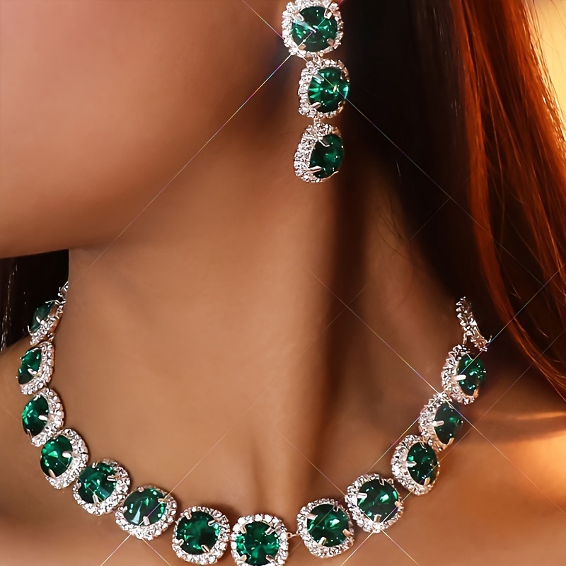 

1 Set, Luxury Bridal Jewelry Set, Silvery Wedding Accessories, Elegant Green Rhinestone Necklace And Earrings Set, Sexy Vacation Style, Idea Gift For Ladies