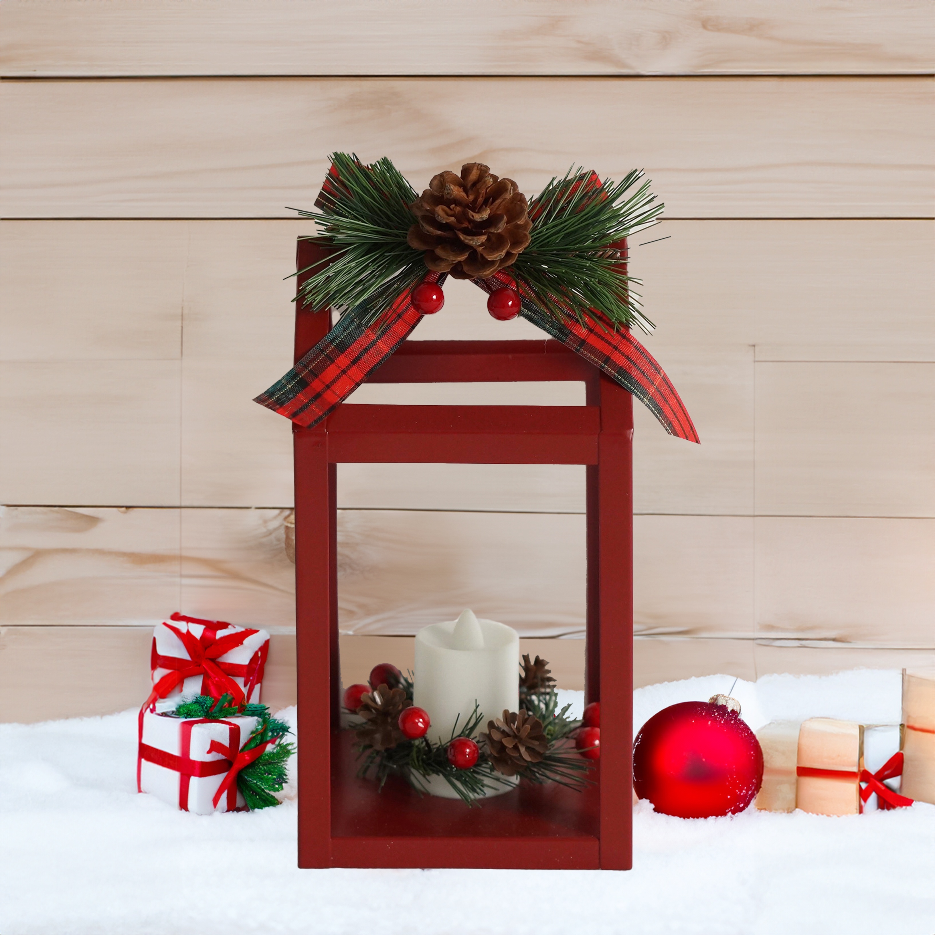 

1pc Rustic Farmhouse Christmas Lantern, Freestanding Holiday Decoration With Candle Holder, Outdoor & Indoor Decor For Home, Porch, Patio - No Electricity Needed, Featherless