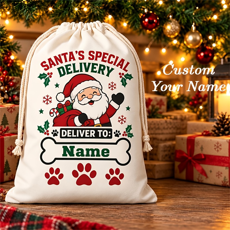 TEMU Personalized Santa Christmas Gift Bag For Dogs, Custom Name Pet Drawstring Sack, Paw Print Bone Design Xmas Gift Bag, Holiday Party Gift