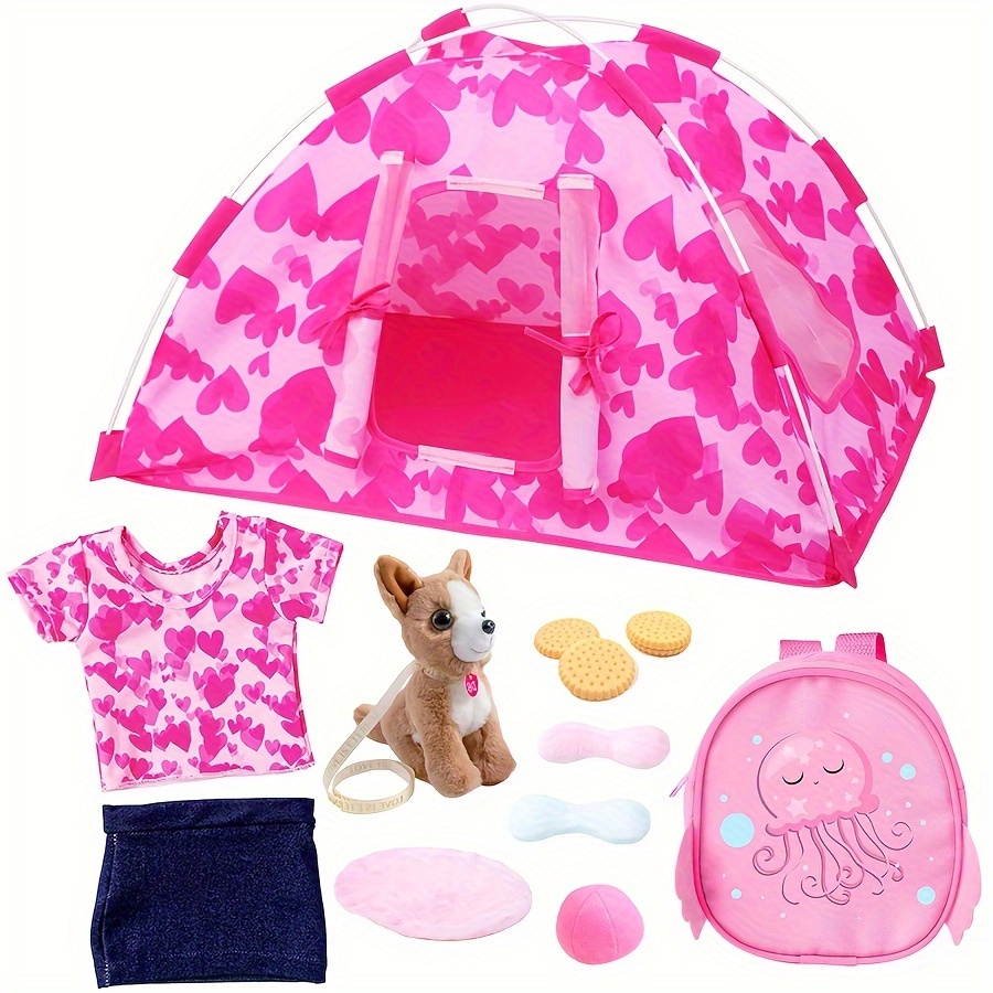 

18-inch Doll Clothes Set Accessories Tent Girl Doll Toy Dog, Cookies, Bones, Balls & Backpack Holiday Gift Without Dolls