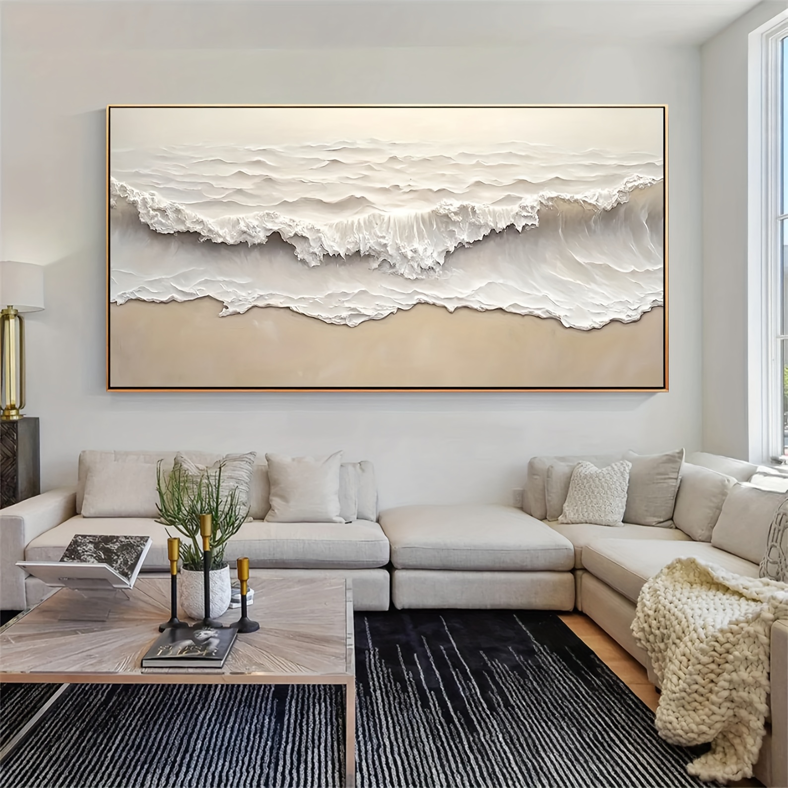 Large Modern Minimalist Abstract Canvas Oil Painting - Hand-Painted Wave Design in Light Gray, White, and Golden, Aluminum Alloy Frame, Perfect for Living Room, Bedroom, Office Wall Decor - Unique Art Gift for Halloween, Christmas, or Home Decor