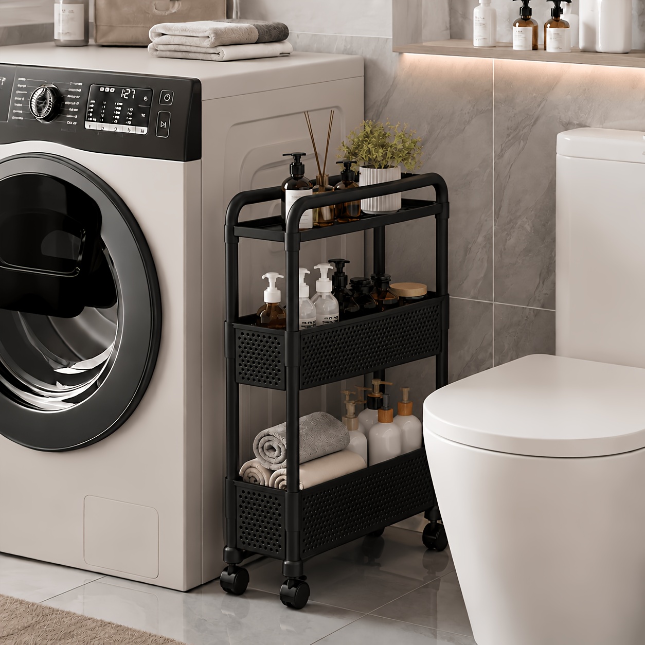 TEMU Mobiletto Salvaspazio Stretto da Pollici - Scaffale Autoportante a 3 Ripiani in Plastica Resistente con Ruote, Design e , per Bagno, Cucina,