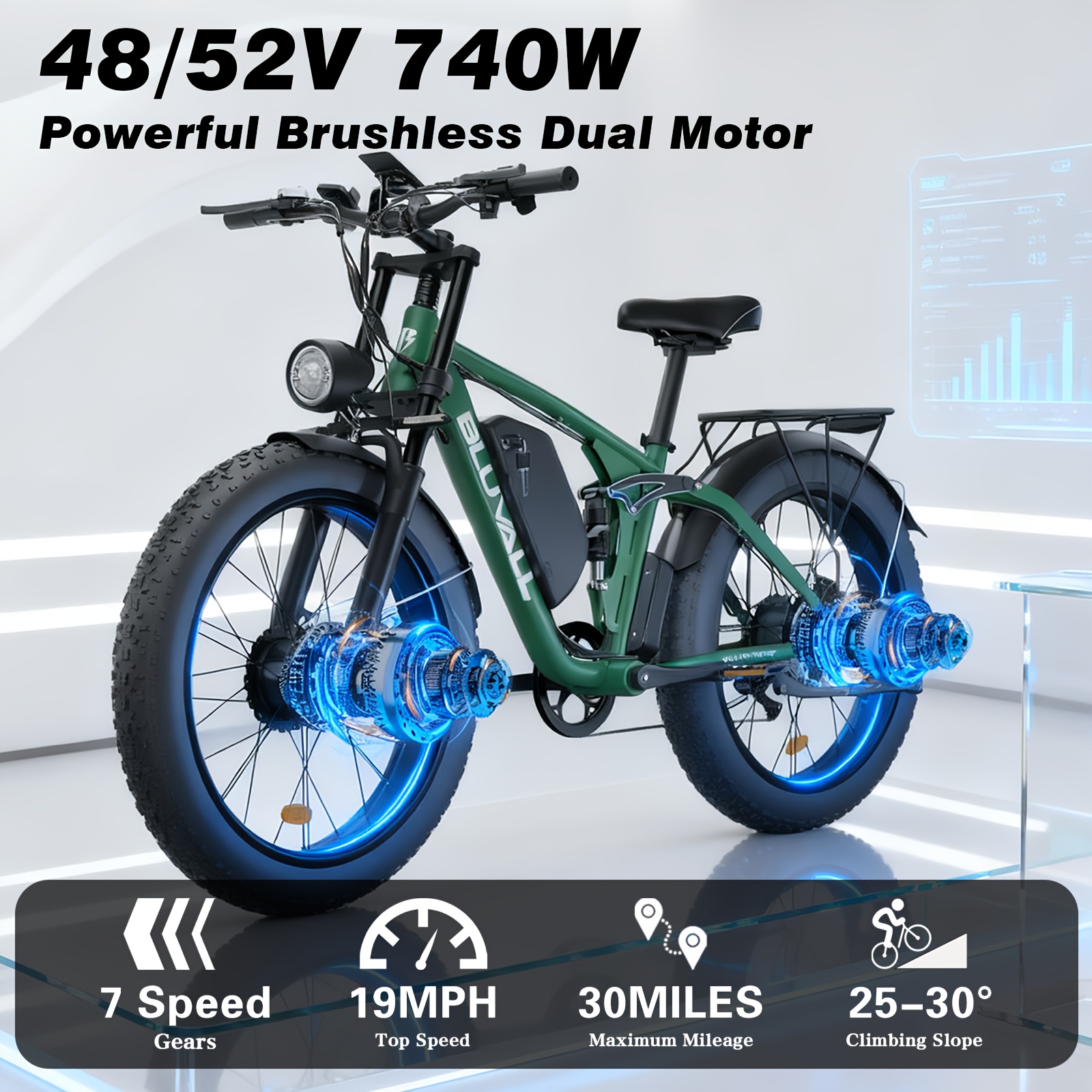 740w adult electric bike with dual motor 80nm torque 48v 52  4ah removable battery 26 all terrain tire mountain bike     speed front rear motor 15 20mph speed 300lb capacity   range disc brakes susp Product details 5