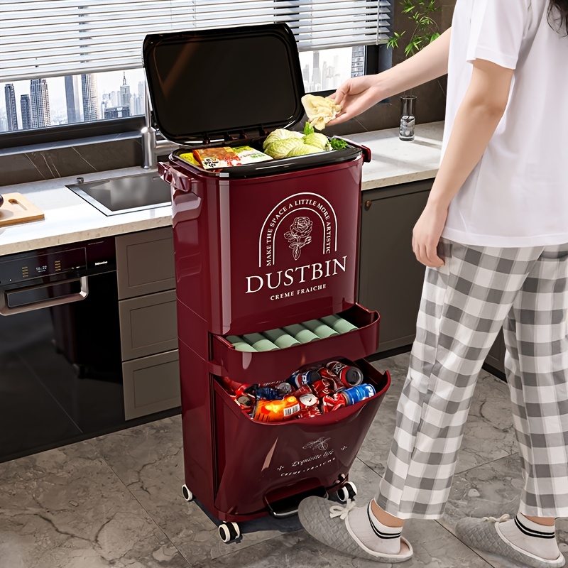1pc Large Capacity Heavy-Duty Kitchen Trash Can with Foot Pedal Lid & 2-3-Tier Storage Compartments - 39L-44L Heavy-Duty PP Rectangular Bin with Locking Mechanism, Manual Operation, Durable Polypropylene Construction for Home, Office, Commercial Use - Space-Saving Design, Odor Control, Easy Rollable Mobility (No Electricity Required) - Ideal for Wet/Dry Waste Sorting
